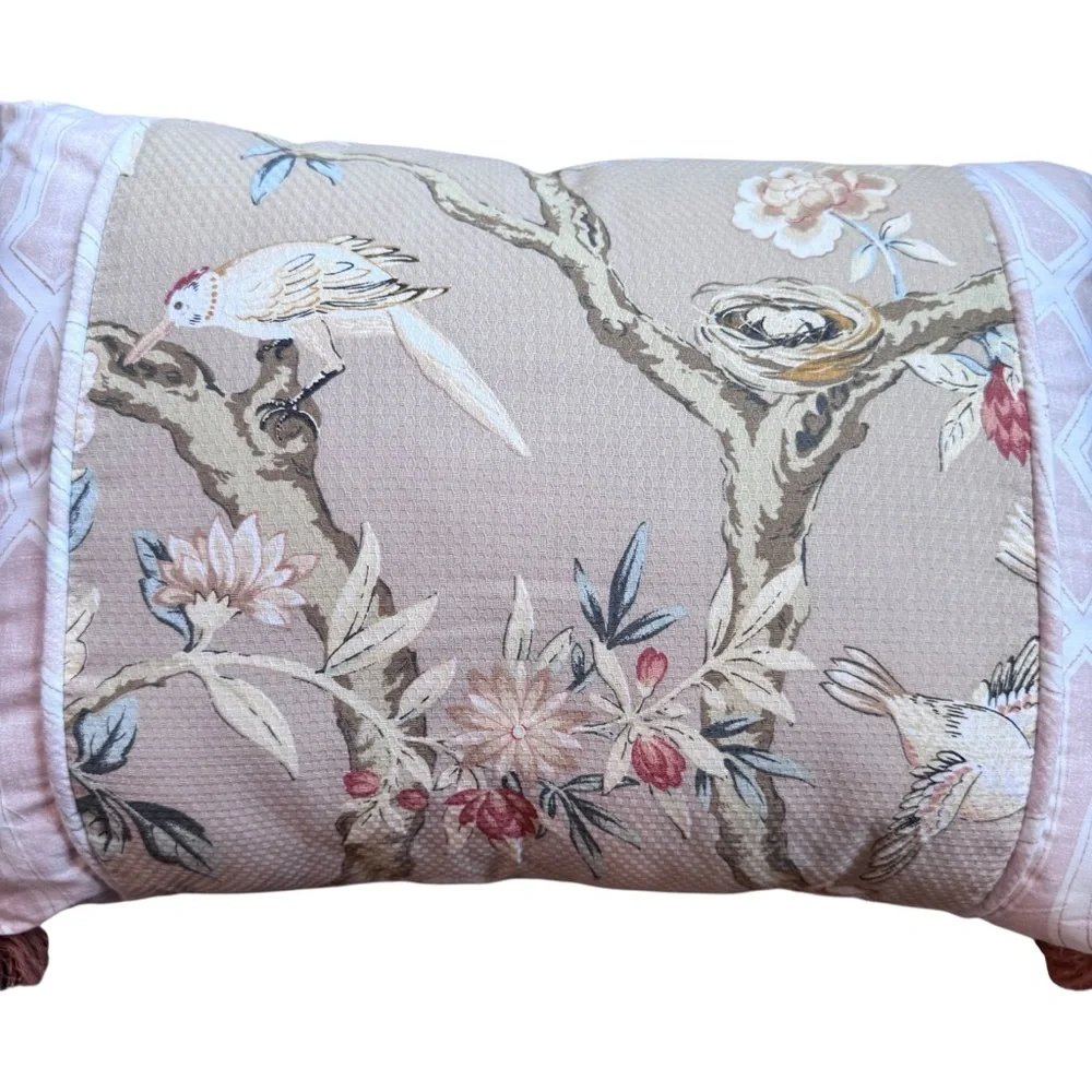 Waverly Mudan Cotton Throw Pillow 14 x 20 Floral Birds Pink with Tassels